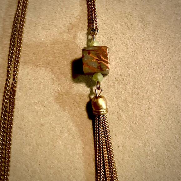 Gold Tone Stone Tassel Pendant Necklace - Picture 2 of 3